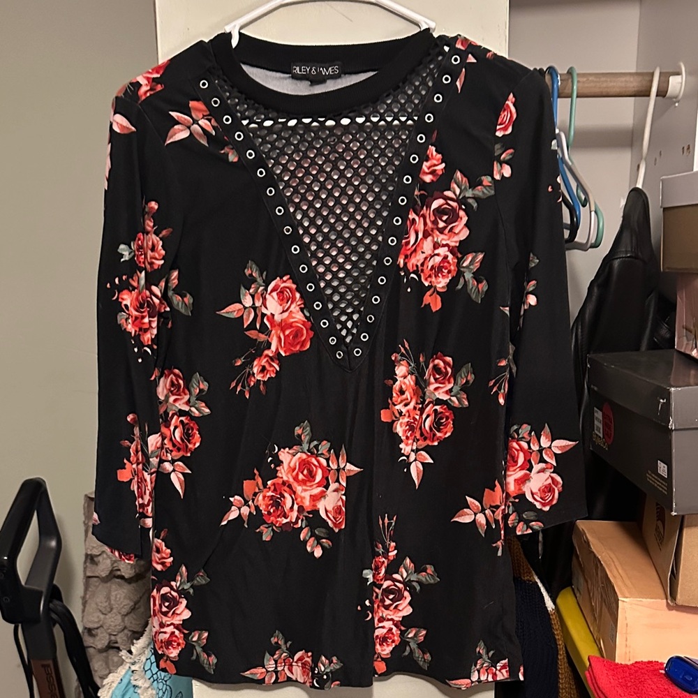Stylish Black Floral Top with Red Roses